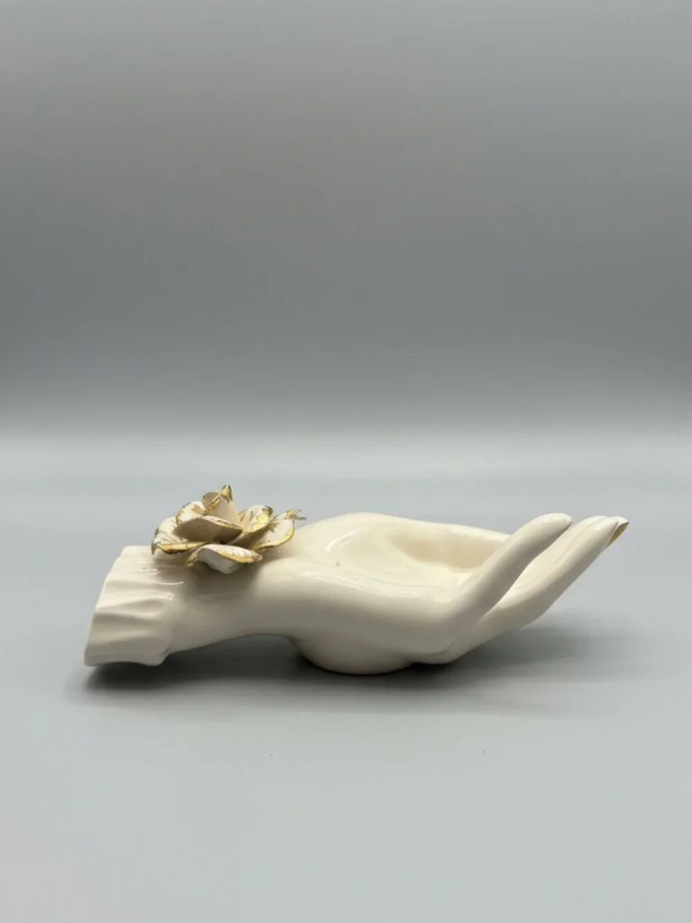 Vintage Mid-Century Porcelain Hand Jewelry Holder Ring Tree Vase Rose Gold Gilt